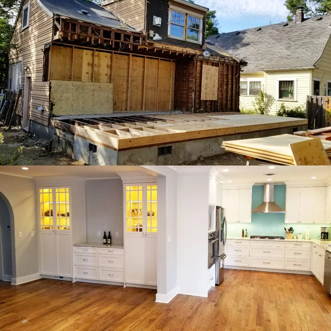 Top image shows a house undergoing exterior renovation with wooden framing and plywood on the back wall, partly missing siding, and construction materials around. Bottom image shows a finished kitchen with white cabinetry, wooden flooring, and a modern backsplash.