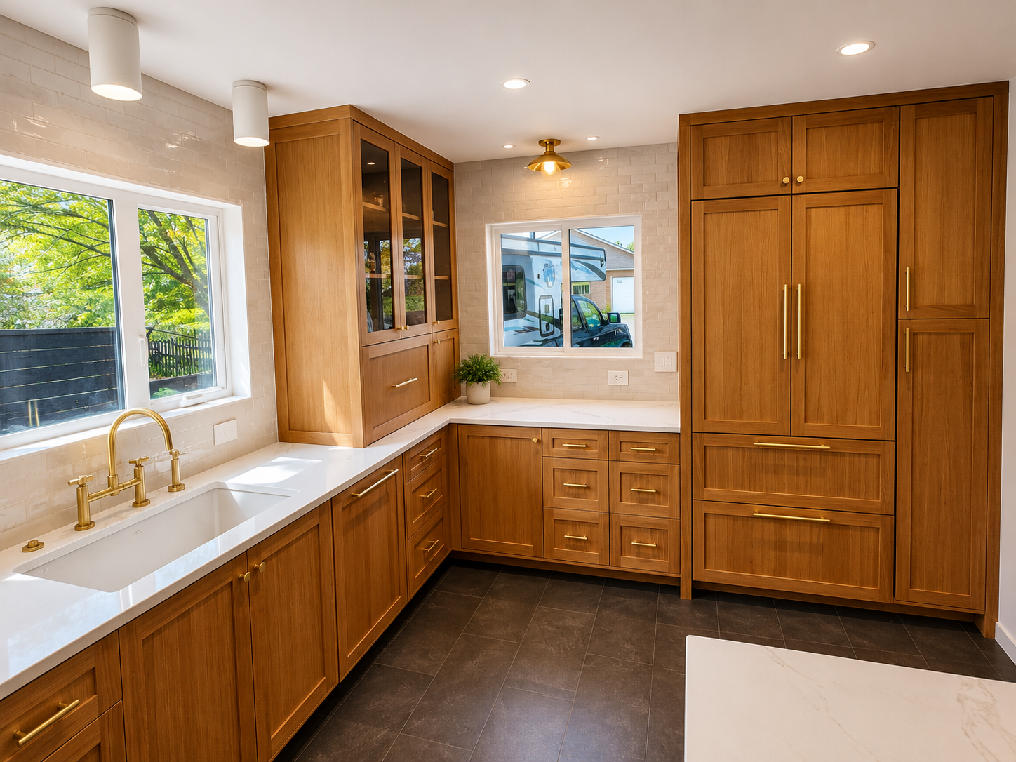 High-end kitchen remodel in Portland featuring custom cabinetry, quartz counters, and brass fixtures.