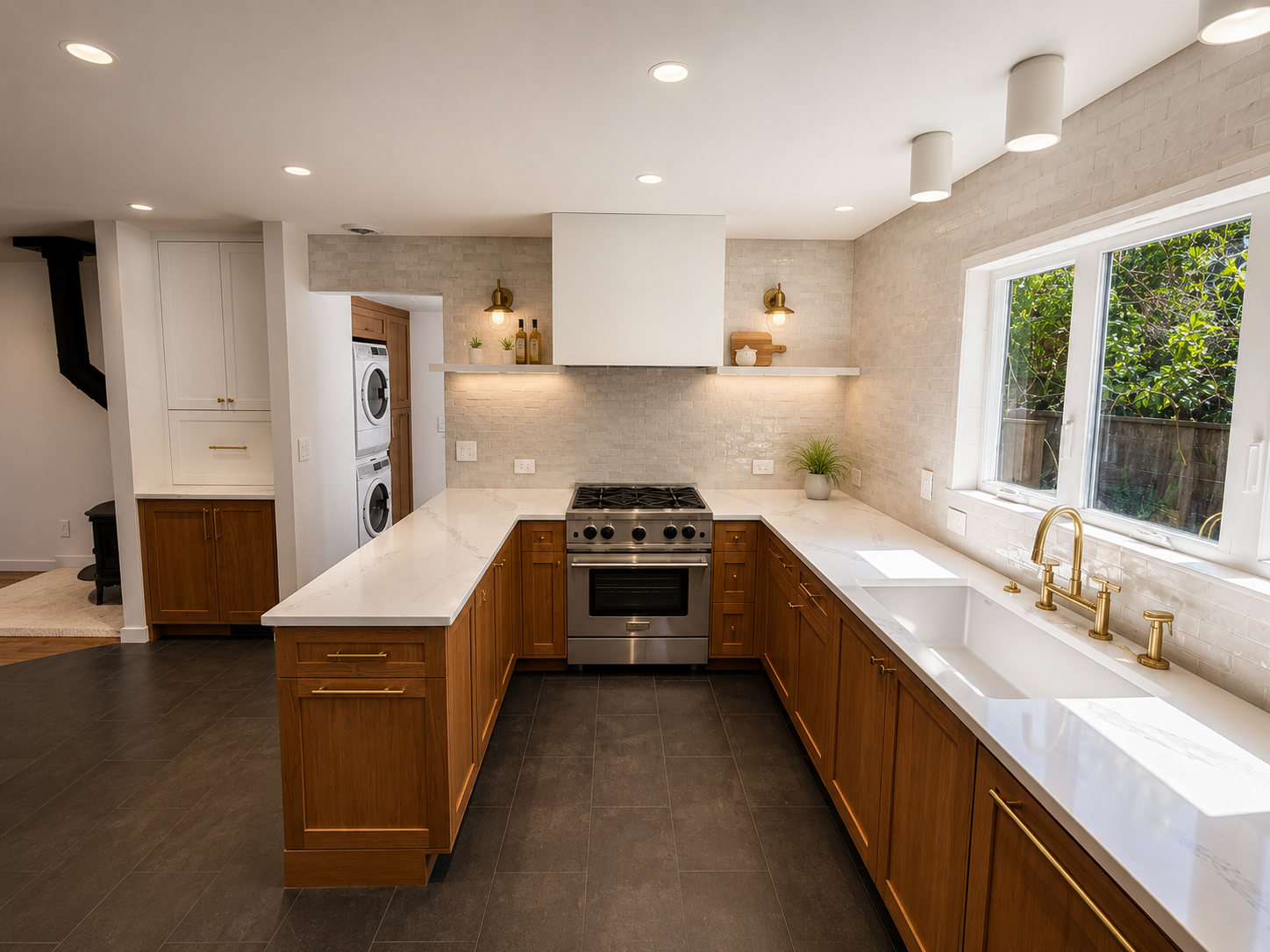 Modern Portland kitchen renovation with custom cabinetry and handmade tile backsplash and range.