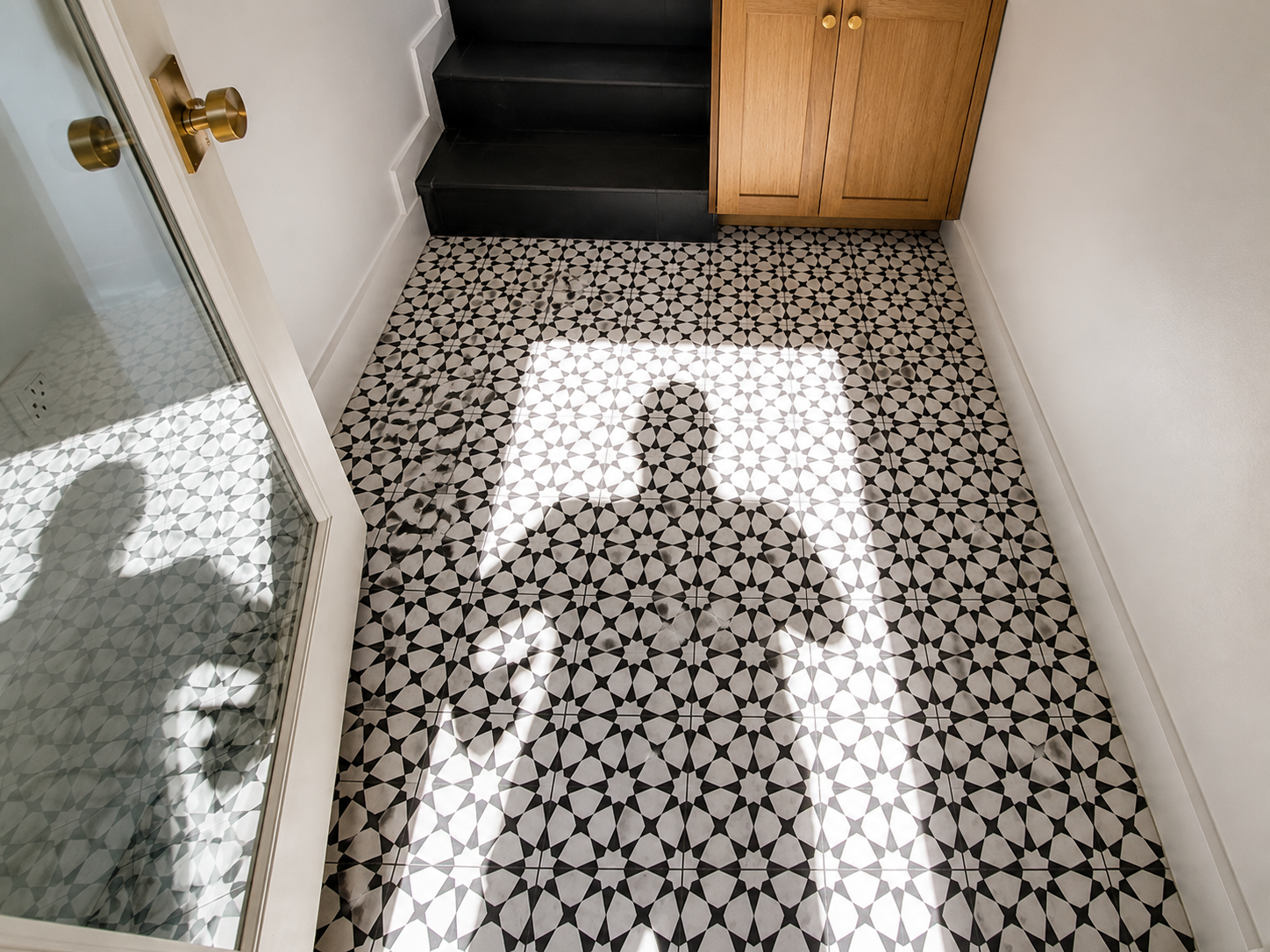 Custom cement tile mud room flooring in Southeast Portland remodel.