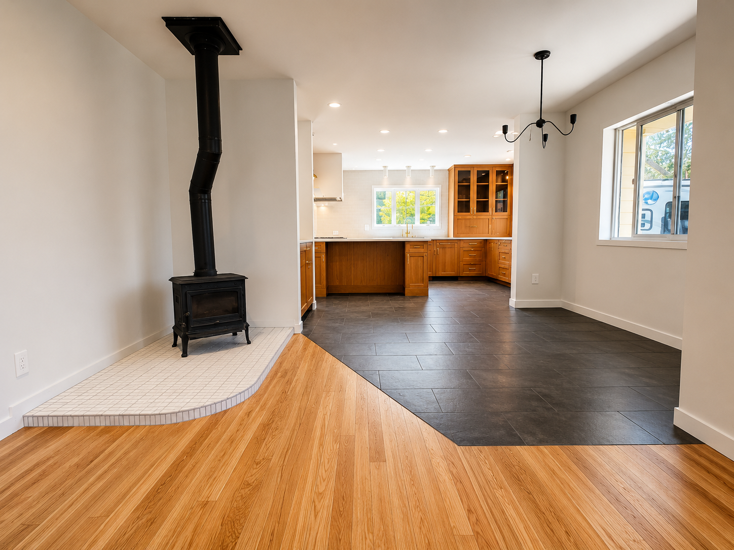 Modern living room renovation with wood flooring and custom fireplace in Southeast Portland.
