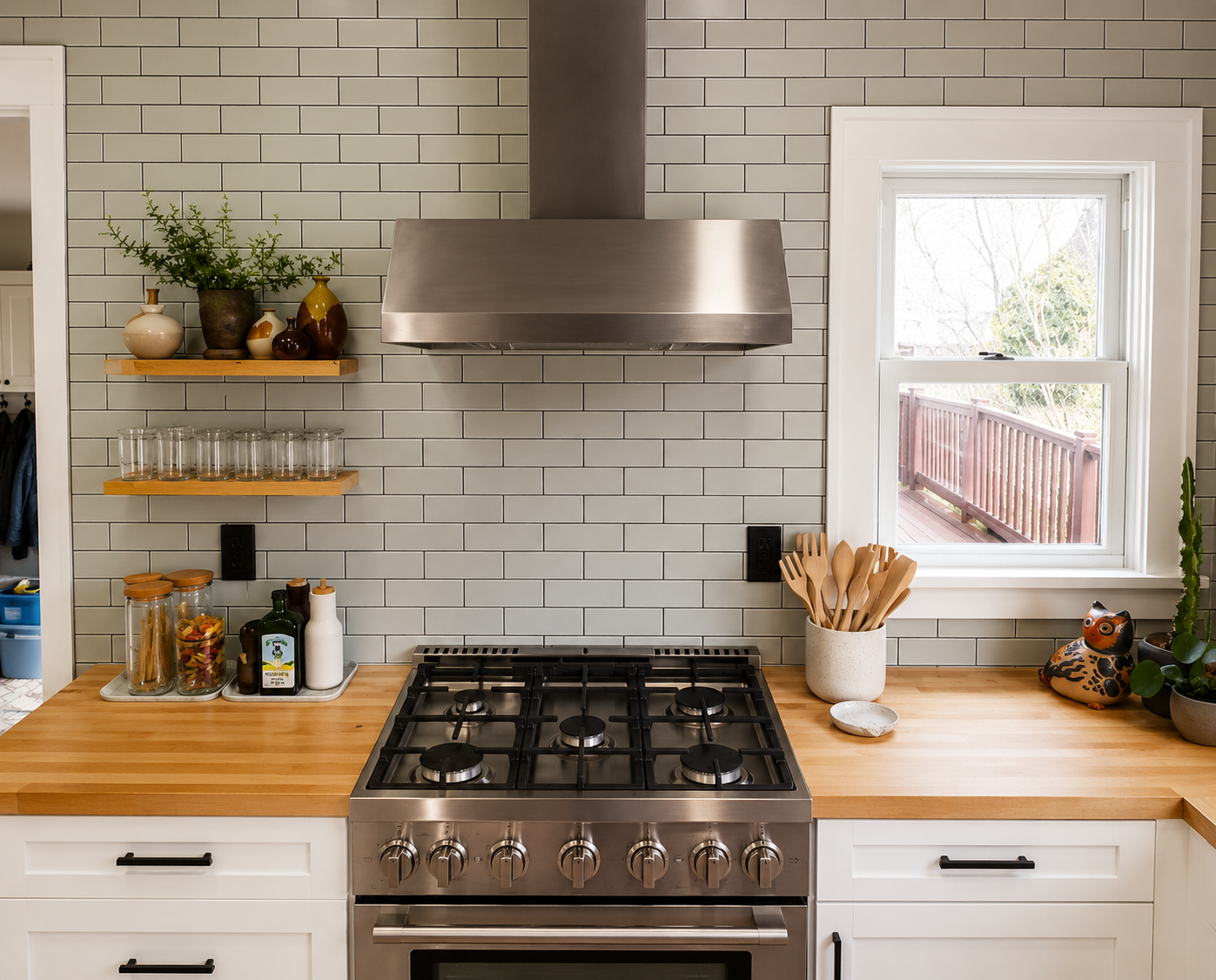 Burnside kitchen with custom butcher block countertops, white painted cabinetry, and professional-grade range hood.