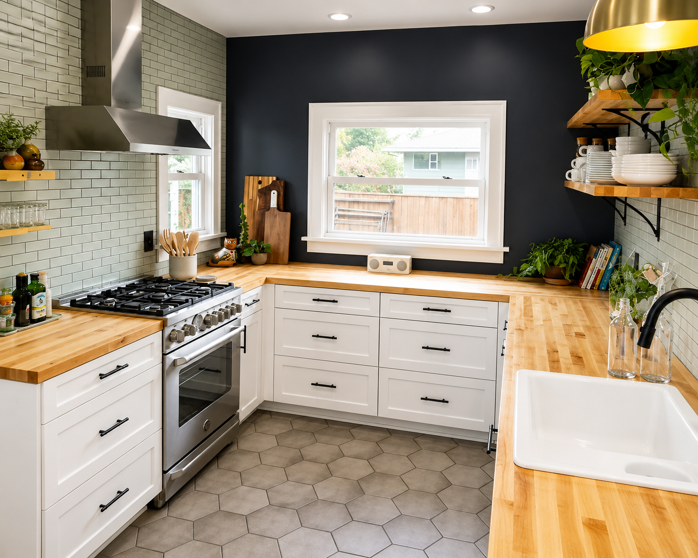 Portland kitchen remodel with open wood shelving, farmhouse sink, subway tile backsplash, and natural light from new windows.