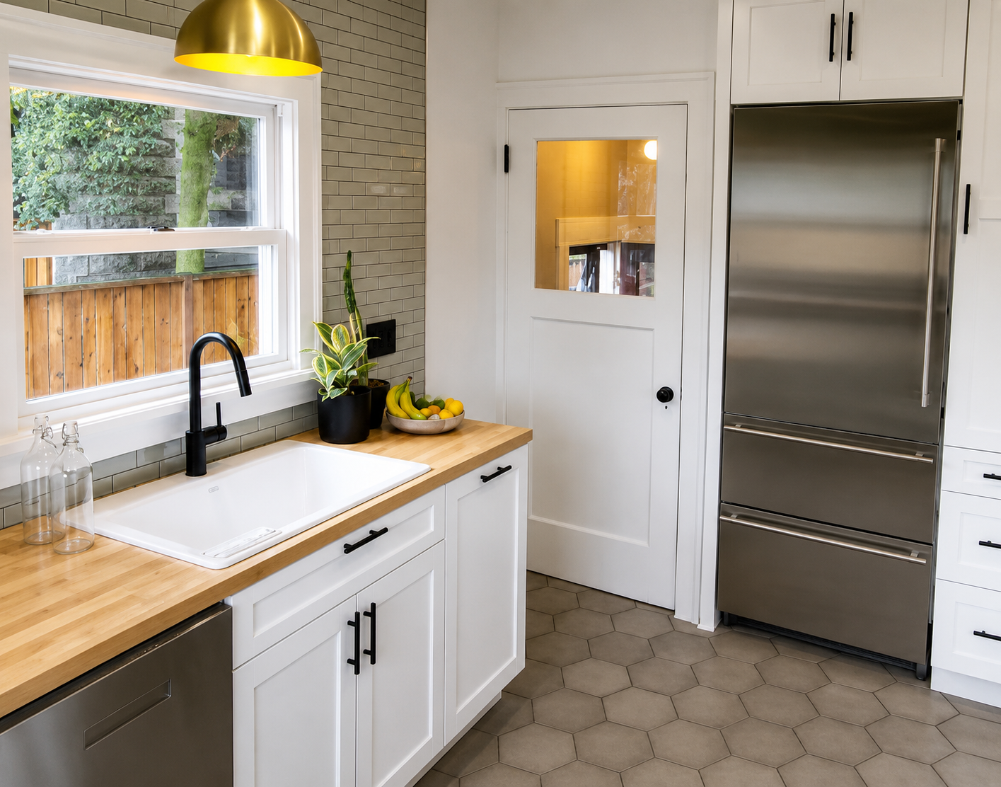 Burnside kitchen showing wide-angle view of open-concept layout, painted cabinets, and modern farmhouse finishes.