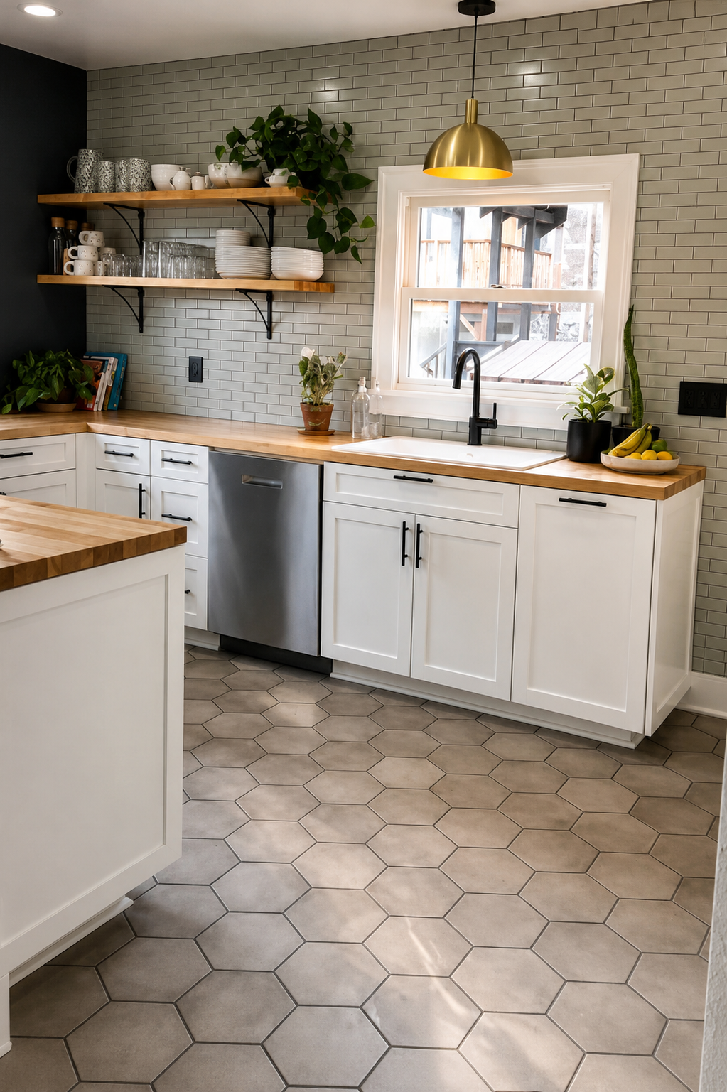 Burnside kitchen remodel with tile flooring, custom range hood, and built-in cabinetry in Portland Oregon.