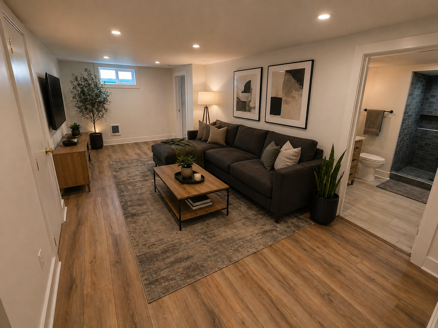 Finished basement living space in a Southeast Portland remodel by Rip City Construction