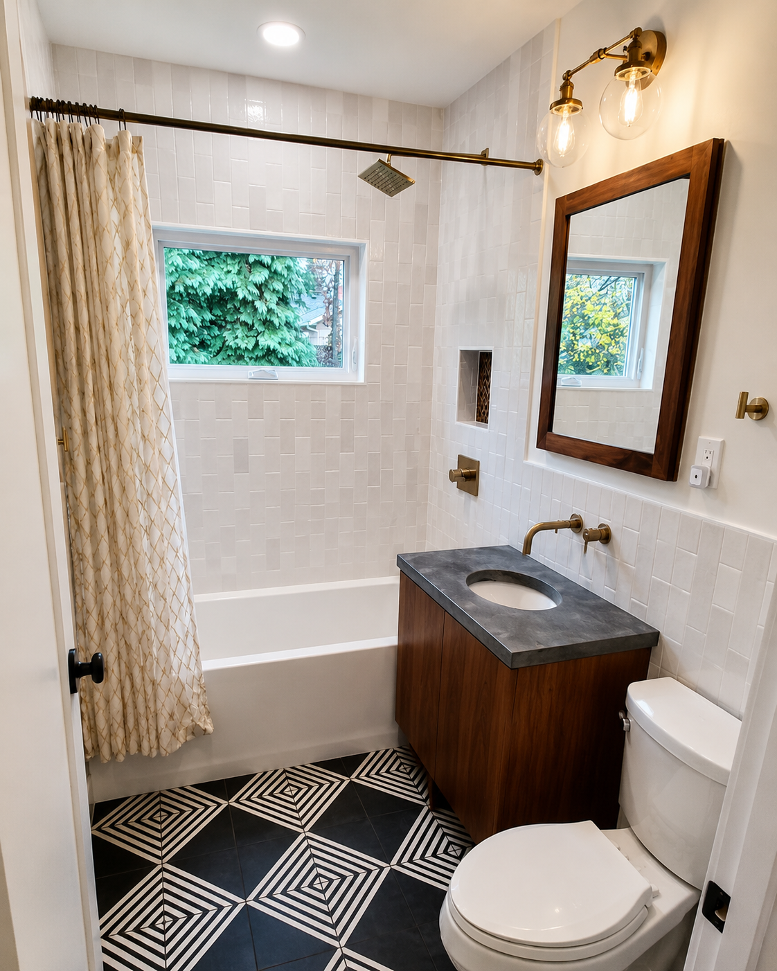 Custom guest bathroom remodel with patterned tile flooring and floating walnut vanity