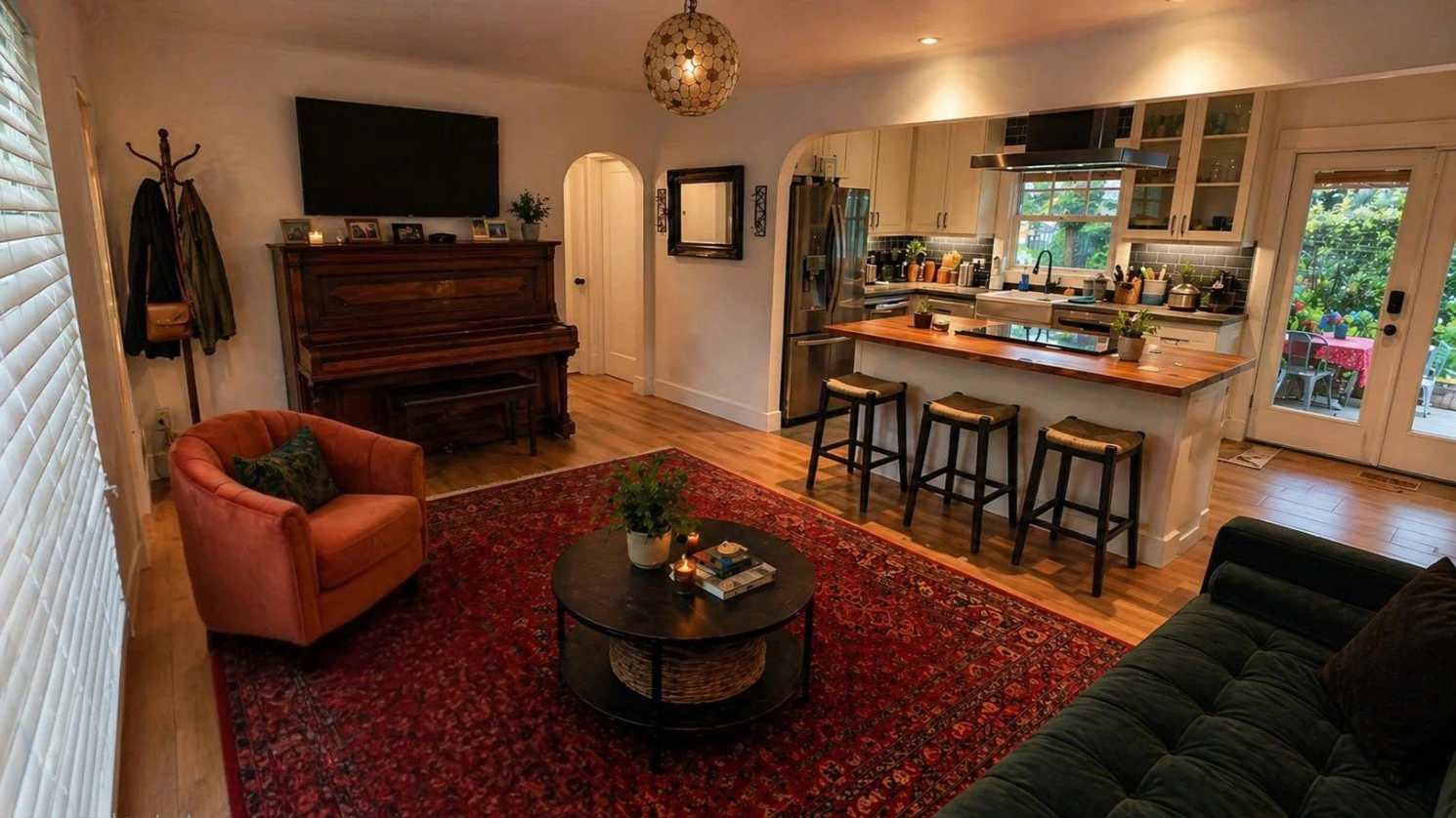 Living room with a red patterned rug, a peach armchair, a black sofa, and a kitchen with white cabinets