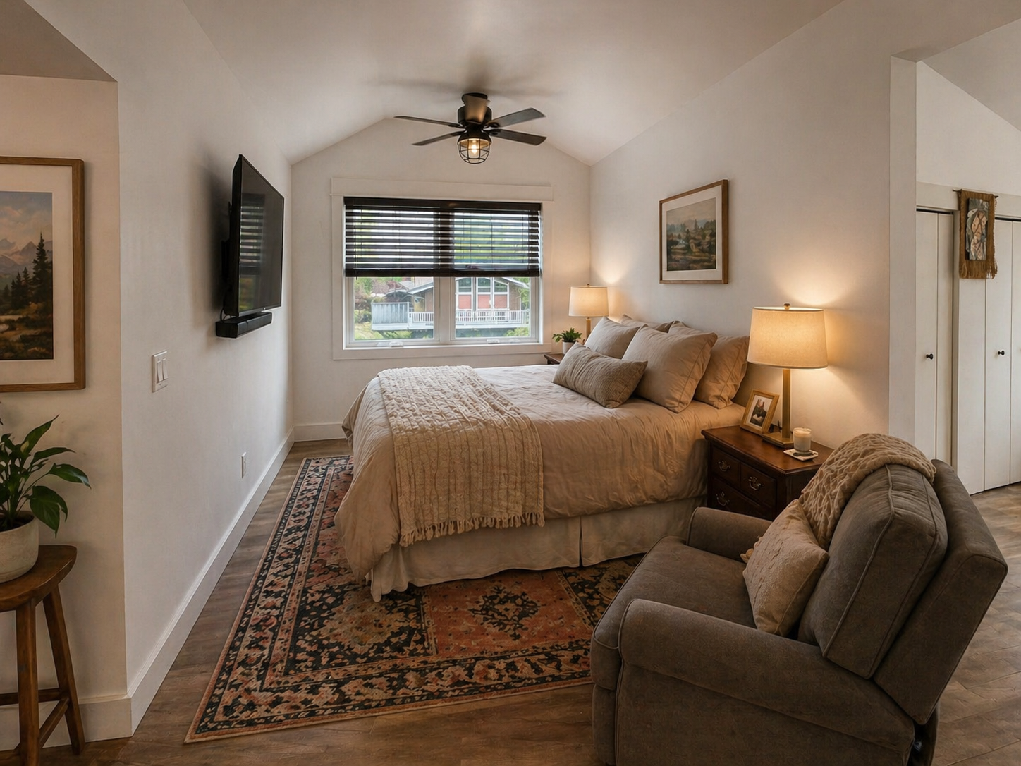 Custom primary bedroom suite addition with vaulted ceilings in Southeast Portland remodel