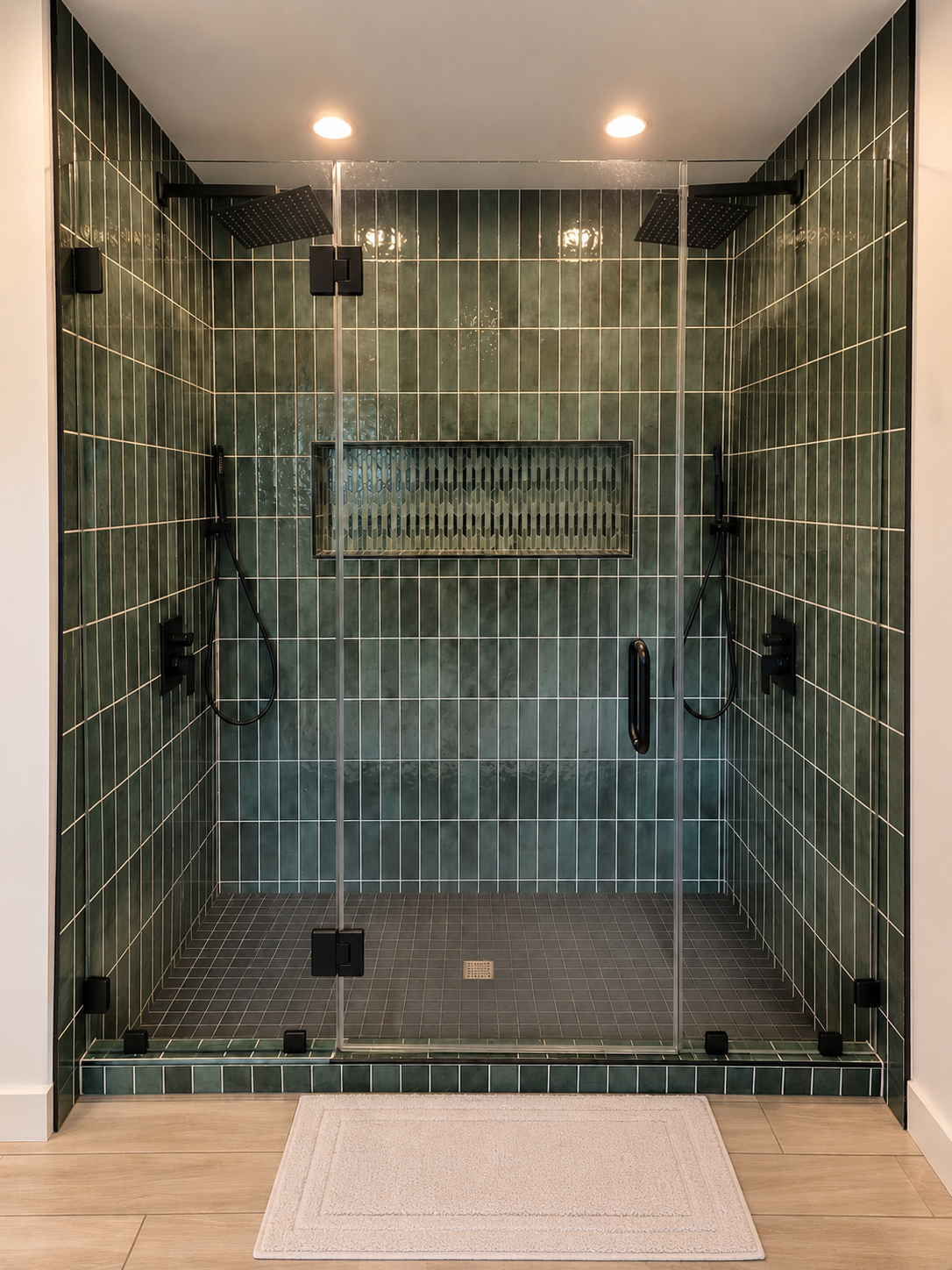 Custom green tile walk in shower with frameless glass enclosure in Portland primary bathroom remodel