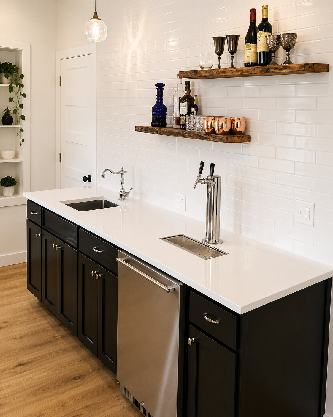 Custom beverage station with quartz countertops, floating wood shelves, tile backsplash, and built-in cabinetry in a Portland kitchen remodel.