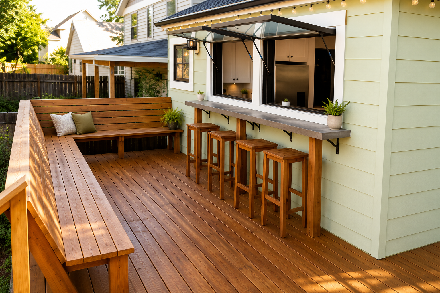 Backyard deck with wooden seating, four bar stools at a counter, potted plants, string lights, and an open window in a yellow house.