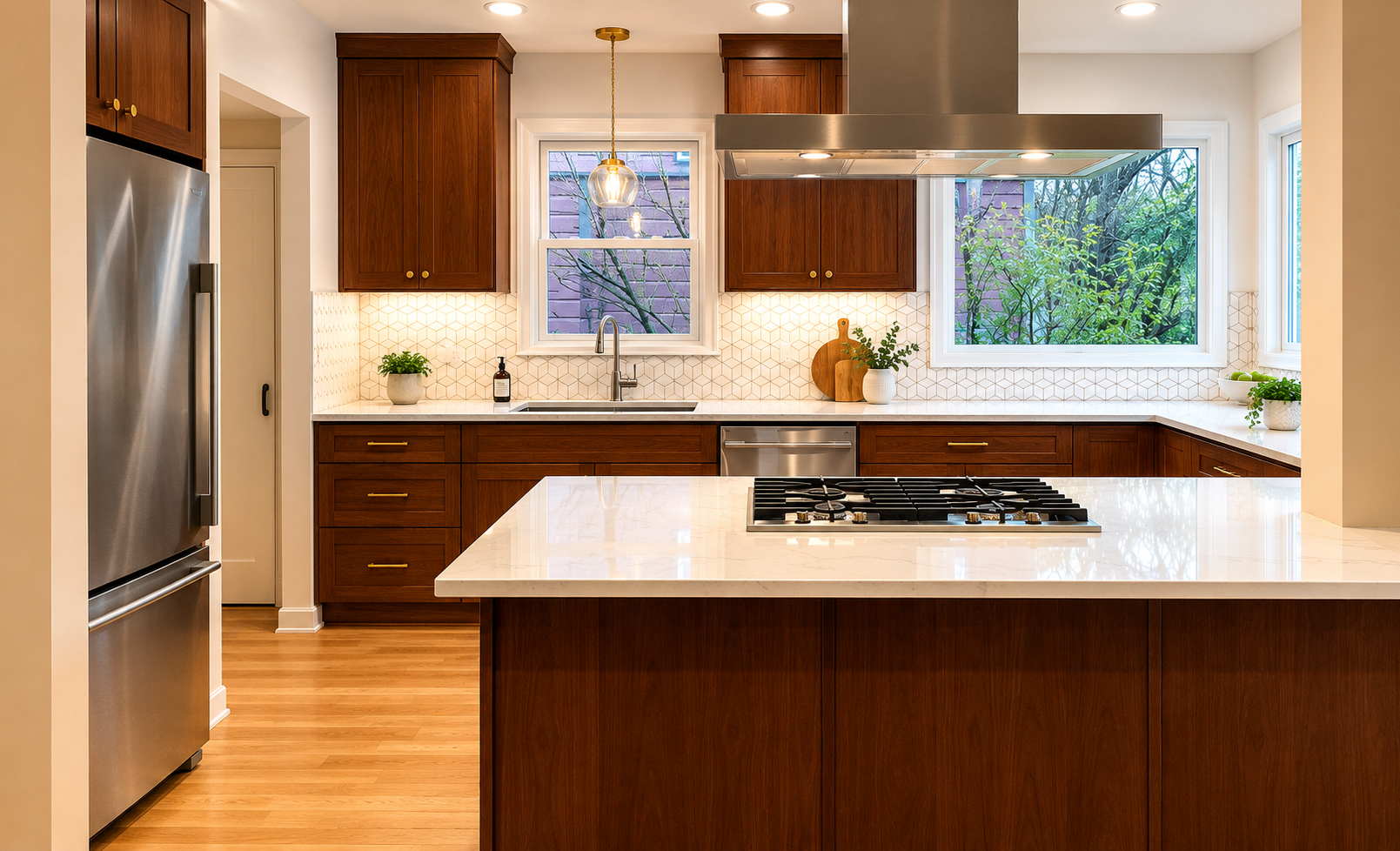 Open concept kitchen remodel in Portland Oregon featuring custom walnut cabinetry, quartz countertops, structural beam installation, large island, and new windows for natural light.