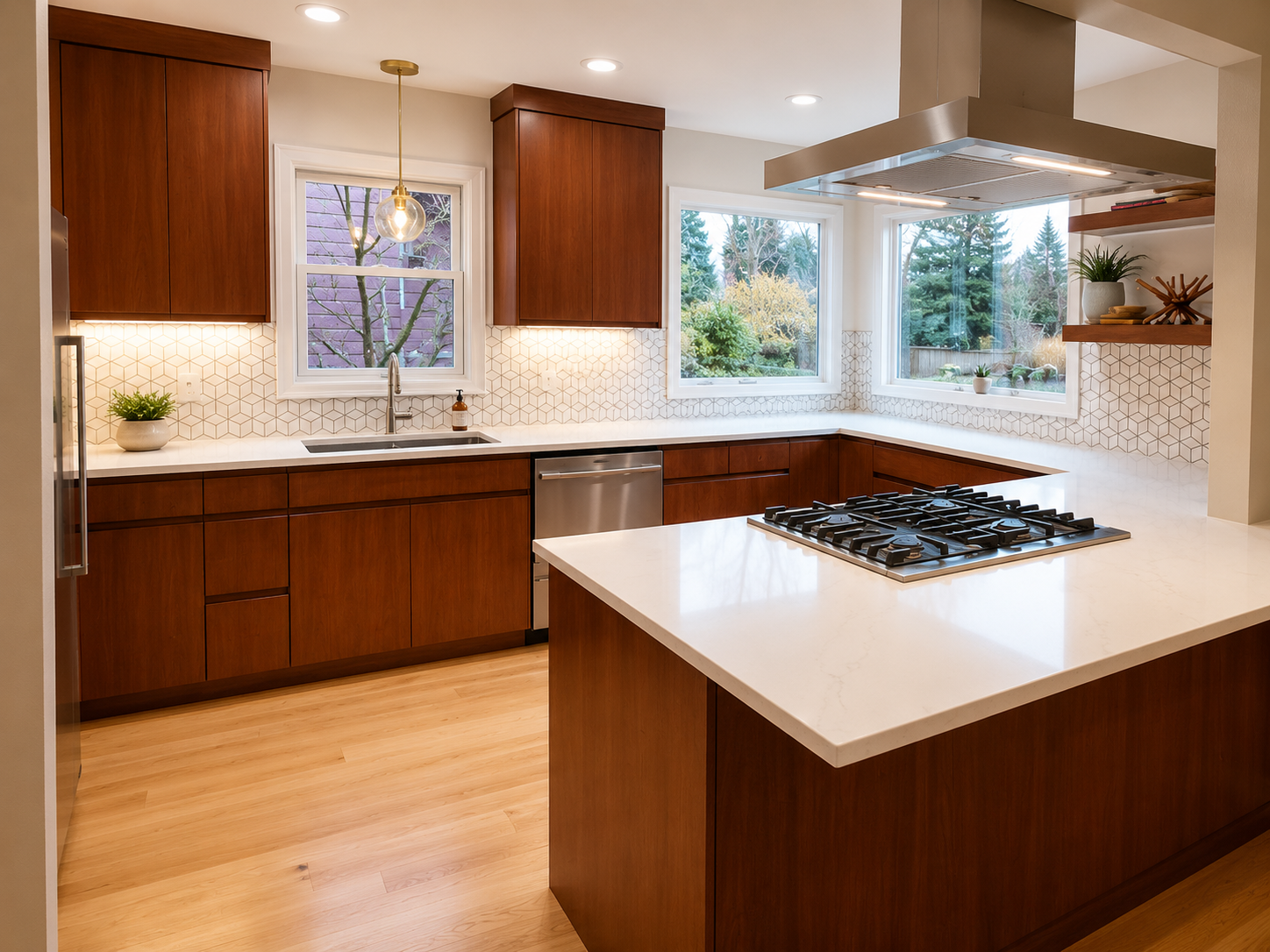 Custom walnut kitchen island with quartz countertops and open concept layout in a Portland Oregon kitchen remodel.