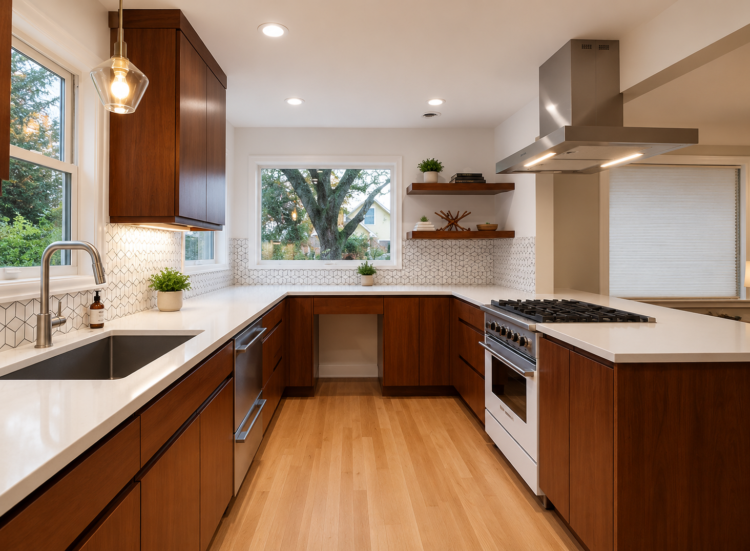 Kitchen remodel with custom walnut cabinetry, quartz countertops, tile backsplash, and large new windows bringing natural light into the space.