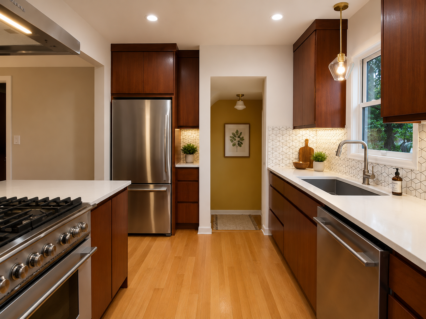 Modern Portland kitchen remodel featuring custom cabinetry, hardwood flooring, quartz countertops, and open-concept design.