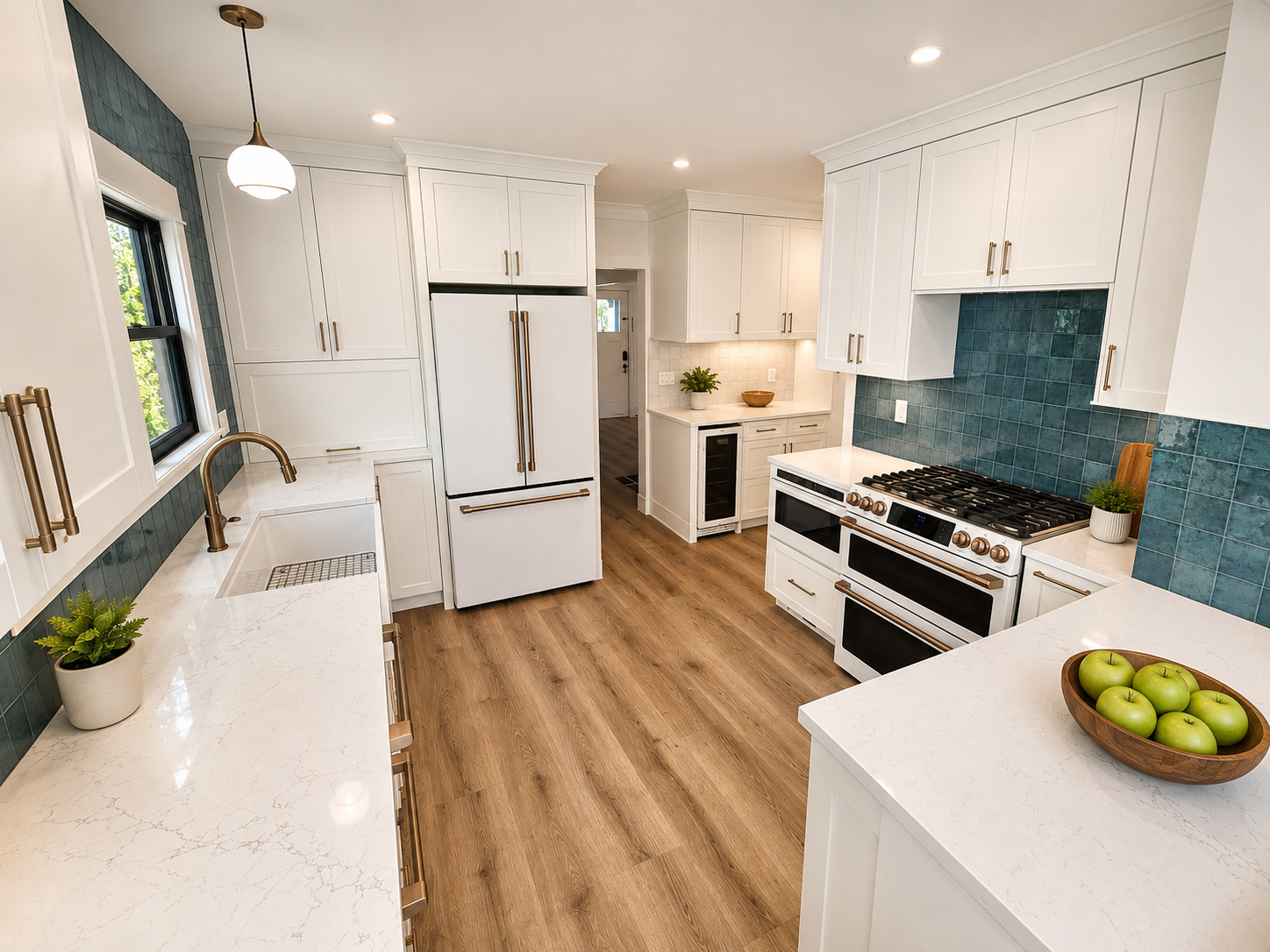 Farmhouse sink with custom blue tile backsplash, painted cabinets, quartz countertops, and oak flooring in a Portland kitchen remodel.