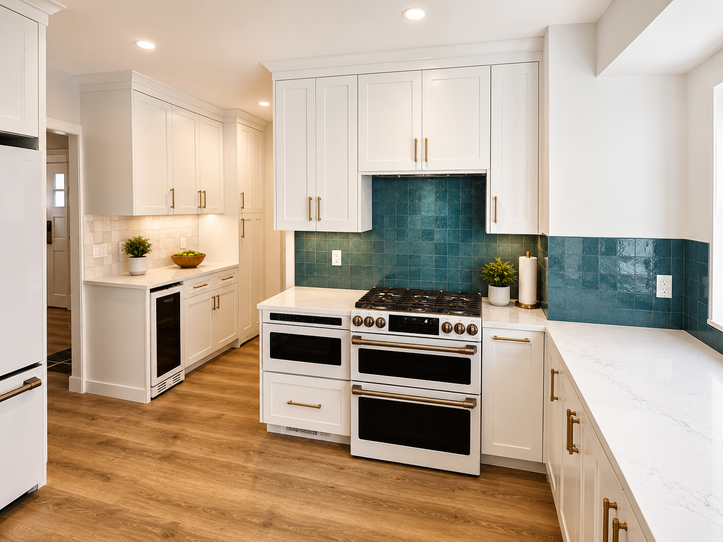 Custom kitchen remodel with painted cabinetry, blue tile backsplash, quartz countertops, and built-in wet bar area in Portland Oregon.