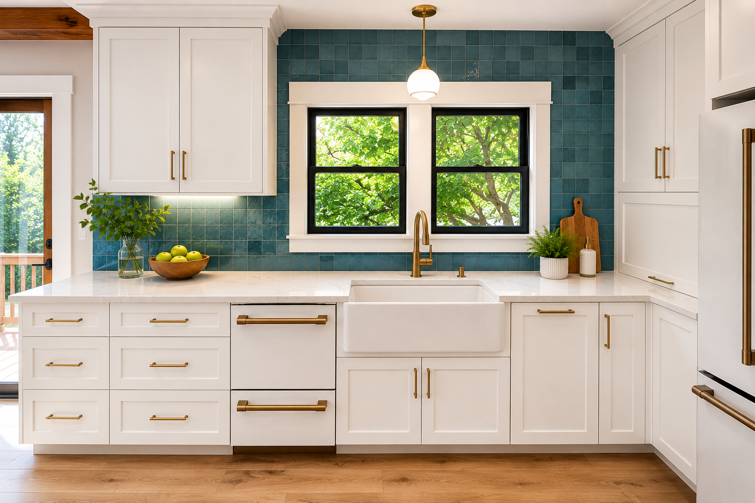 Portland kitchen remodel featuring painted white cabinets, quartz countertops, oak flooring, custom tile backsplash, and redesigned layout.