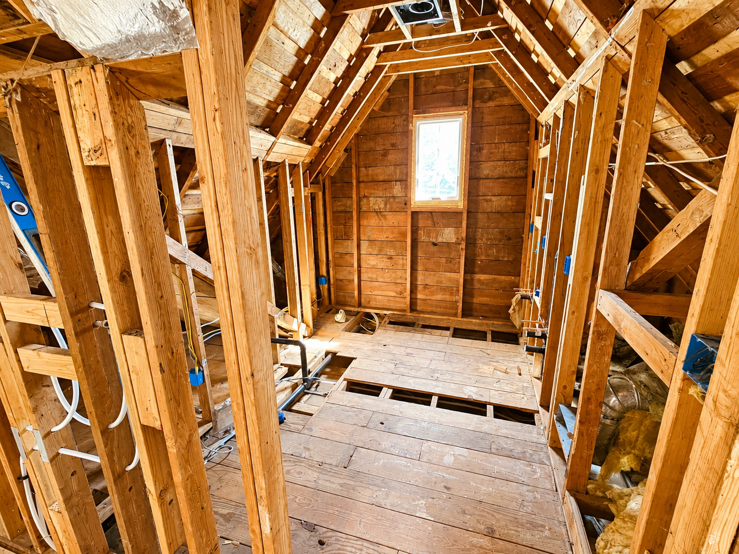Before photo showing unfinished attic space prior to conversion into a custom primary suite and bathroom in Northeast Portland.