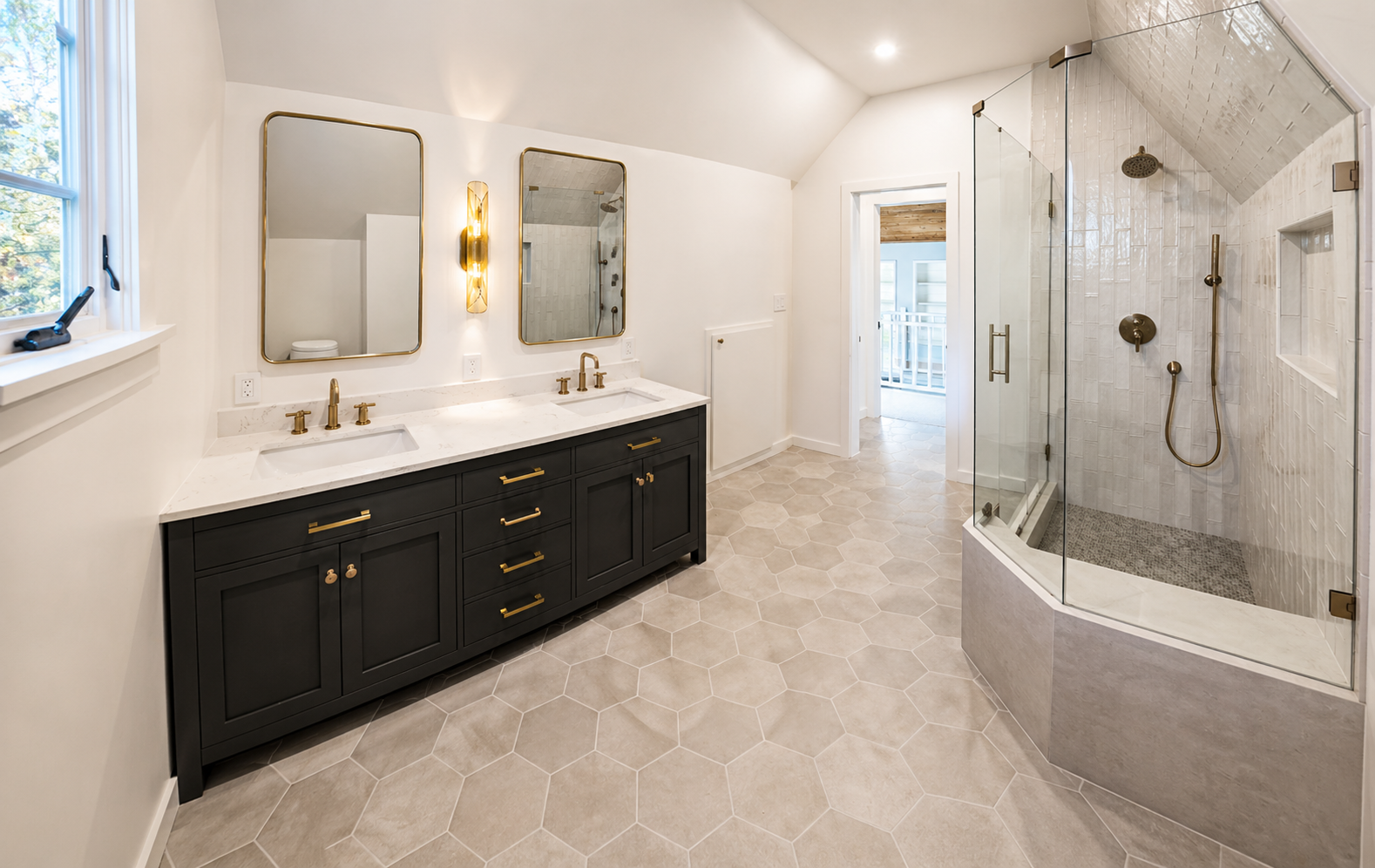 NE 36th Primary Suite & Bathroom Remodel in Northeast Portland featuring a custom double vanity and walk-in shower.