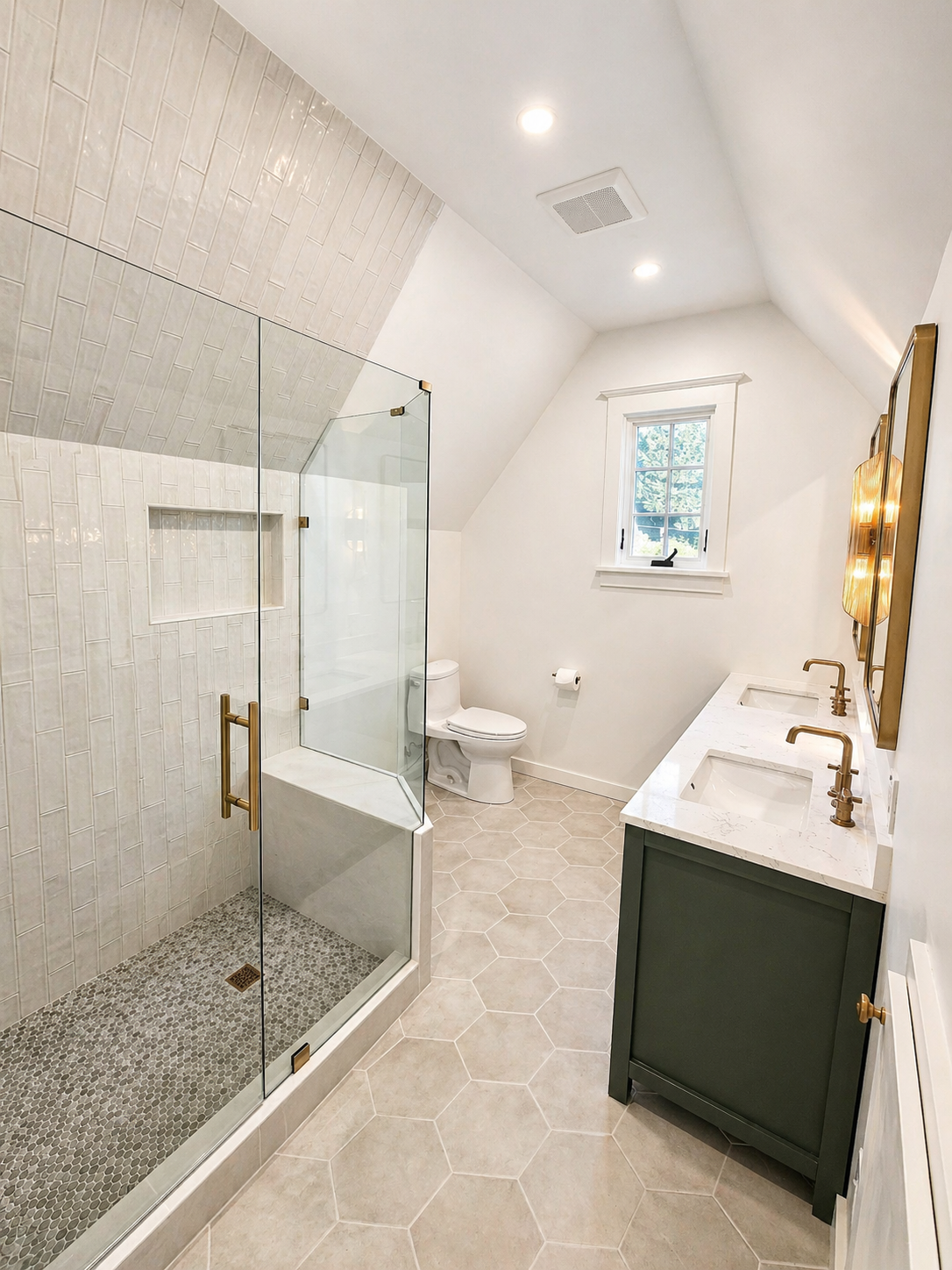 Custom primary bathroom with dual sinks, quartz countertops, custom walk-in shower, and vaulted ceiling in Northeast Portland.