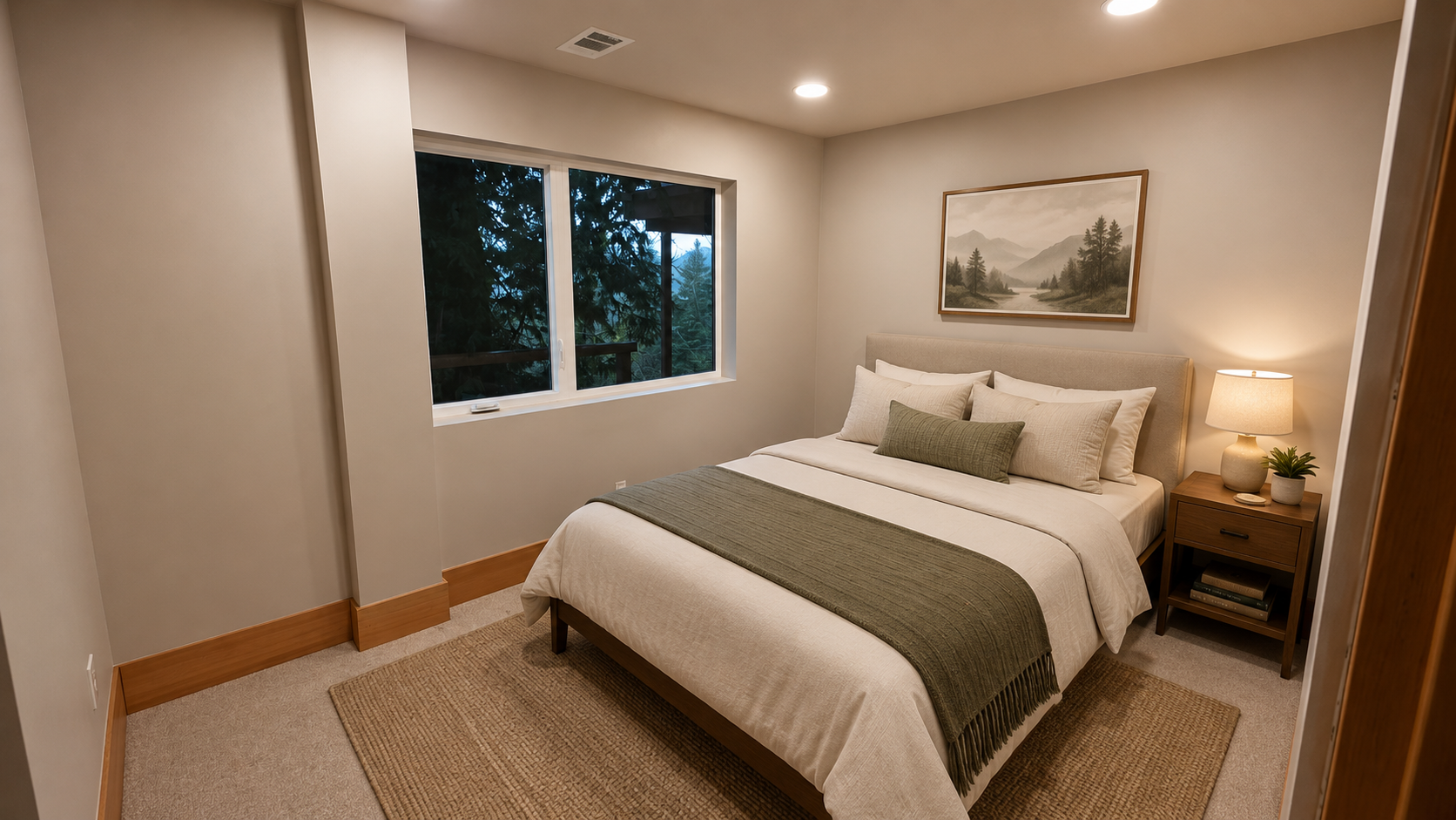 Guest bedroom with modern finishes in the Nixon basement ADU.