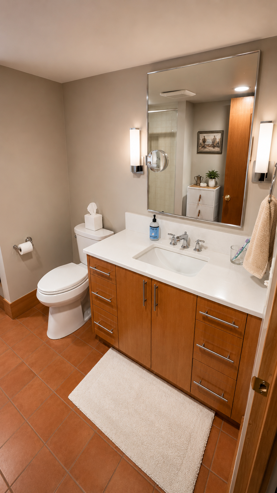 Custom bathroom vanity with quartz countertop in the Nixon basement ADU.