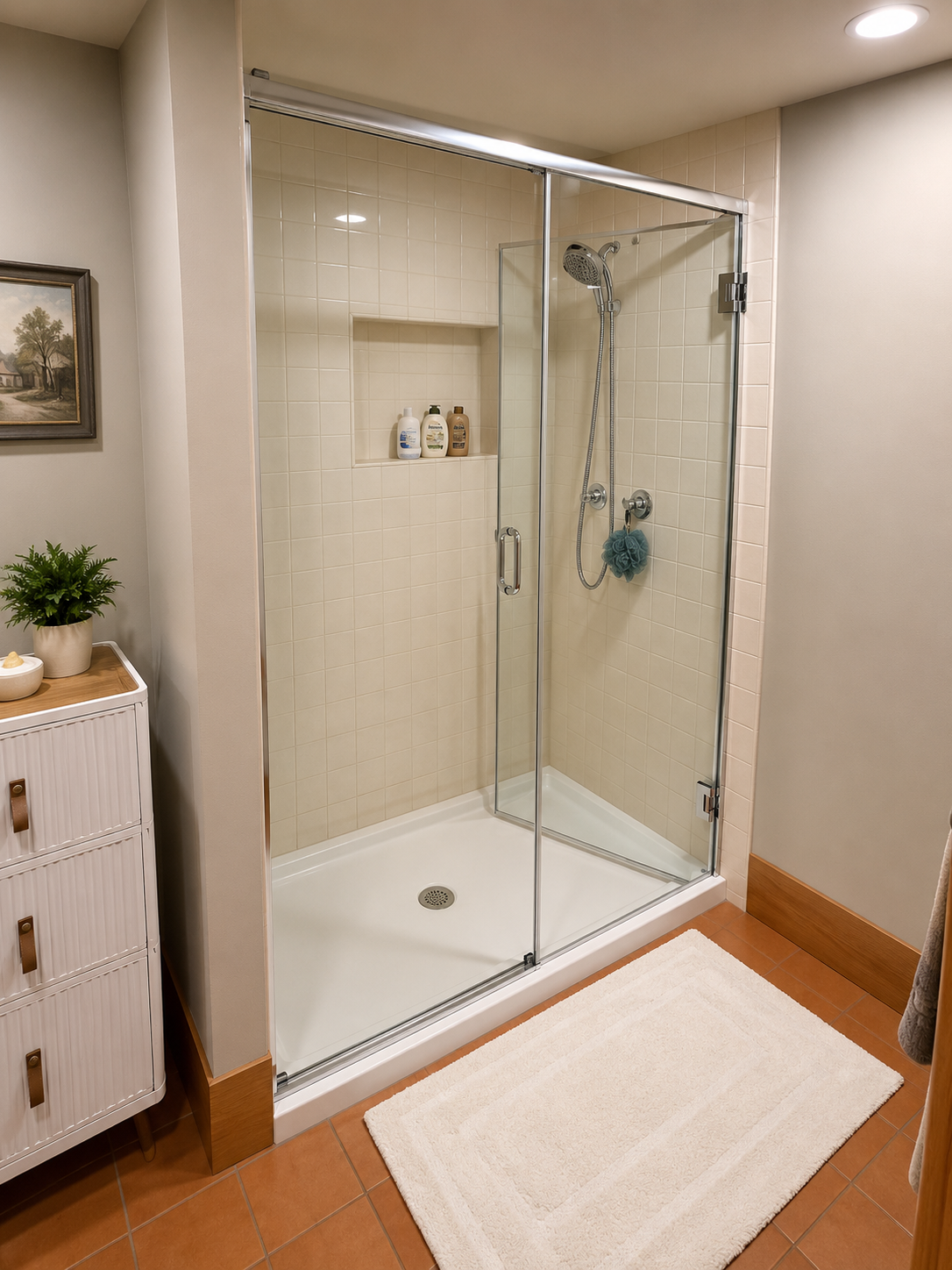 Walk-in tile shower in the Nixon basement ADU bathroom.