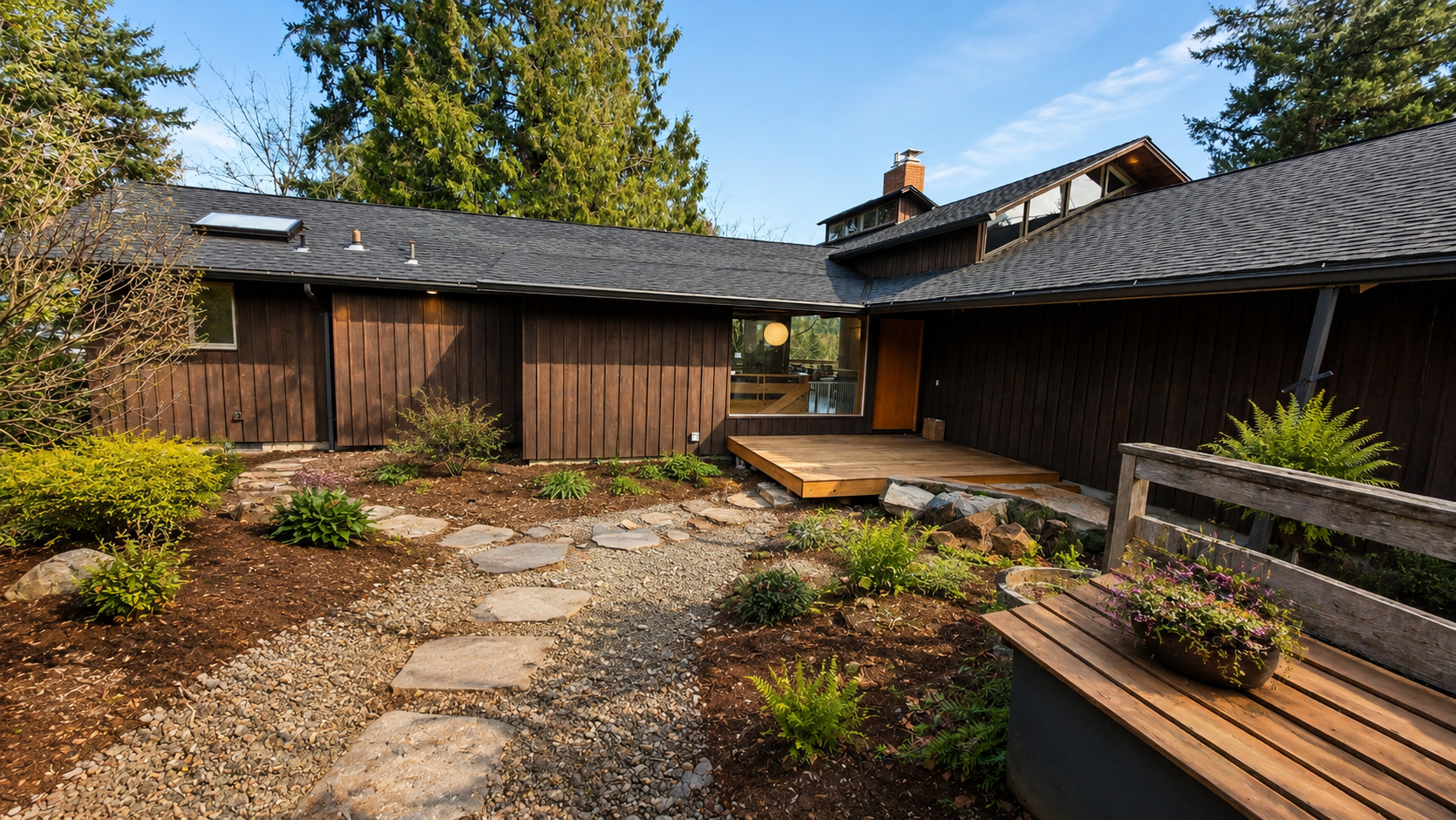 Rear view of a modern house with dark wooden siding, a small wooden deck, a stone pathway, and landscaped garden after a Nixon basement ADU conversion by Rip City Construction