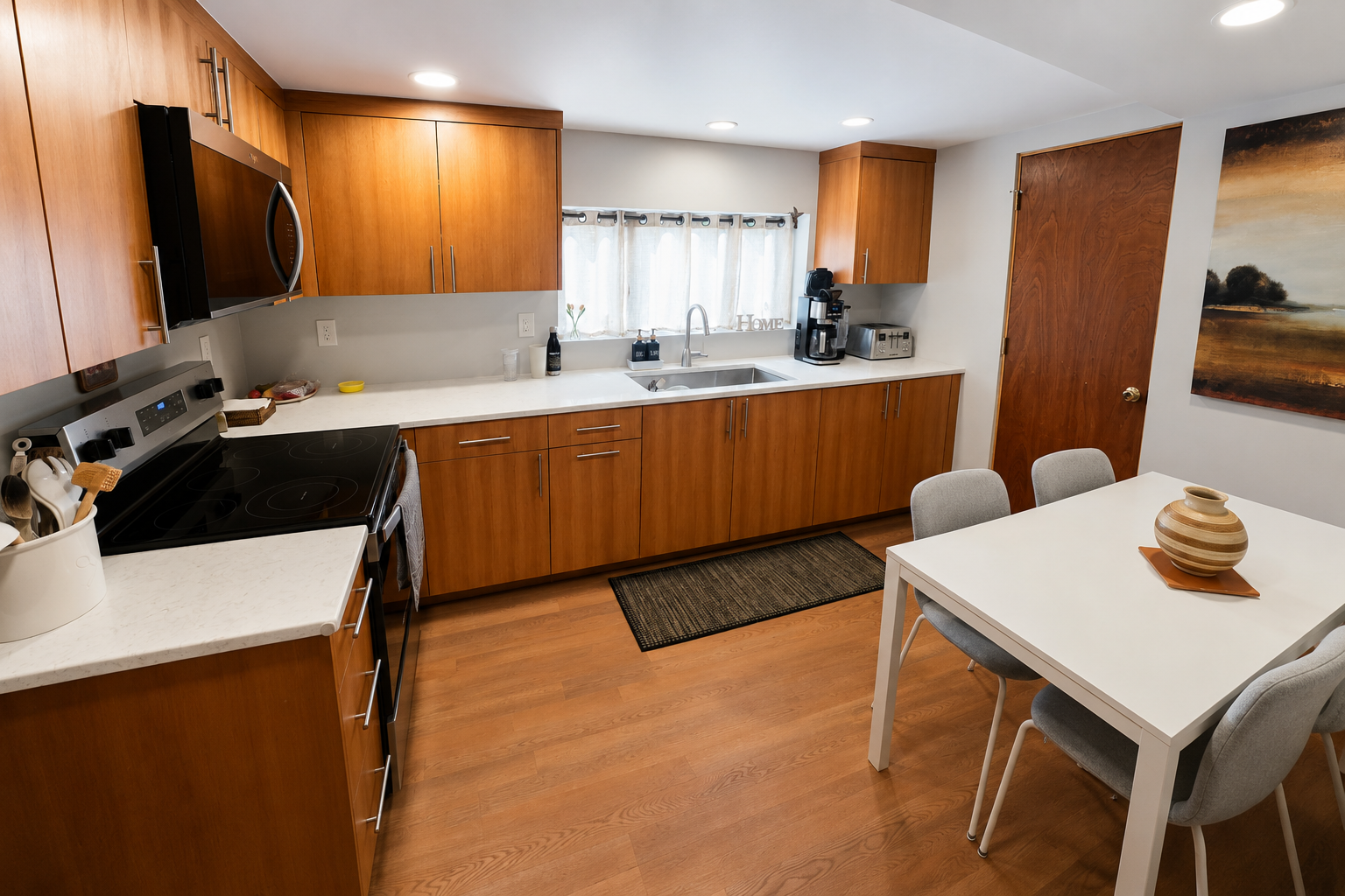 Kitchen with custom cabinetry in the Nixon basement ADU.