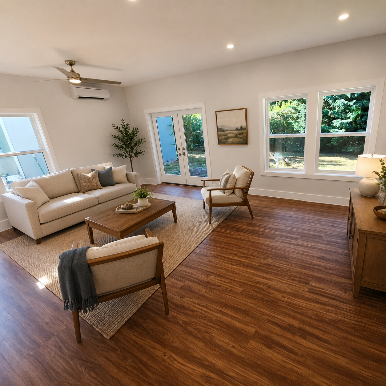 Open living area and kitchen layout inside a newly constructed Portland accessory dwelling unit.