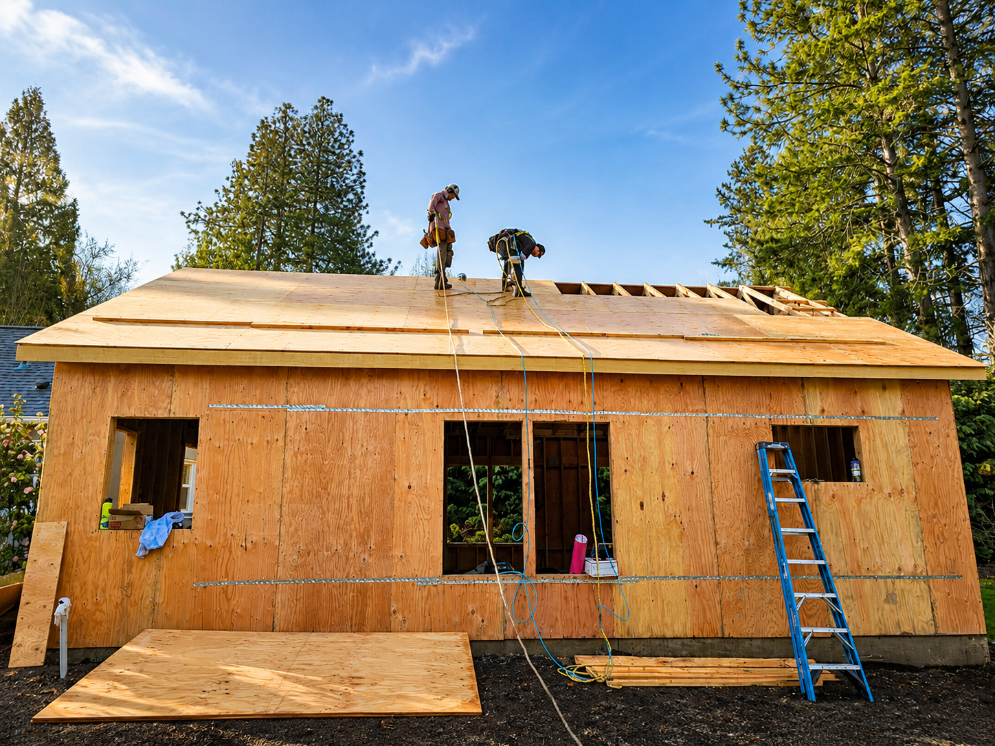 Detached ADU under construction showing custom framing and structural work during the building process.